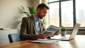 Real Estate agent reviewing listings on a tablet in a modern office setting with a city view.