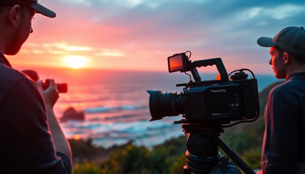 Showcase of cinematic video production process with sunset backdrop and professional camera setup.