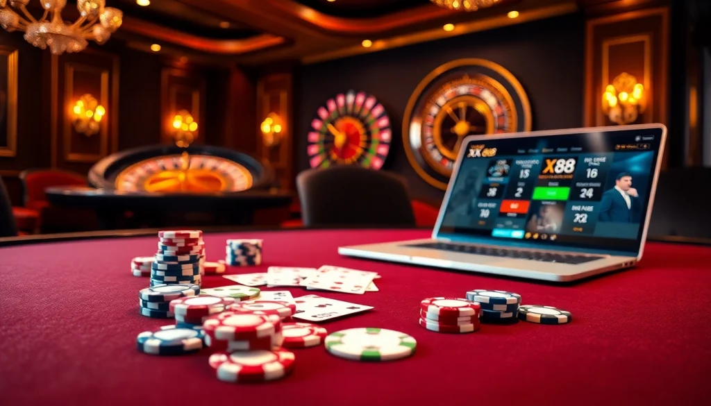 Experience the excitement of XX 88 with high-stakes poker chips and roulette in a luxurious casino.
