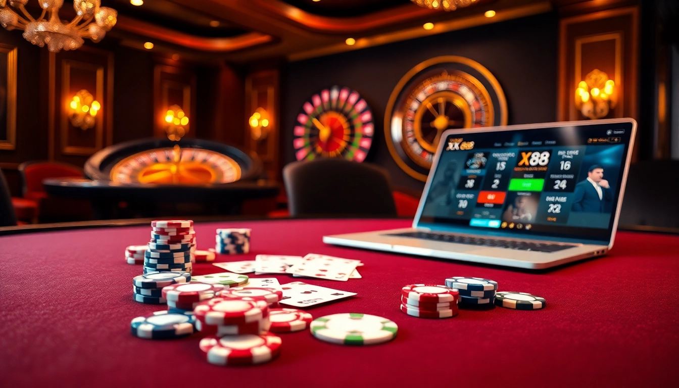 Experience the excitement of XX 88 with high-stakes poker chips and roulette in a luxurious casino.