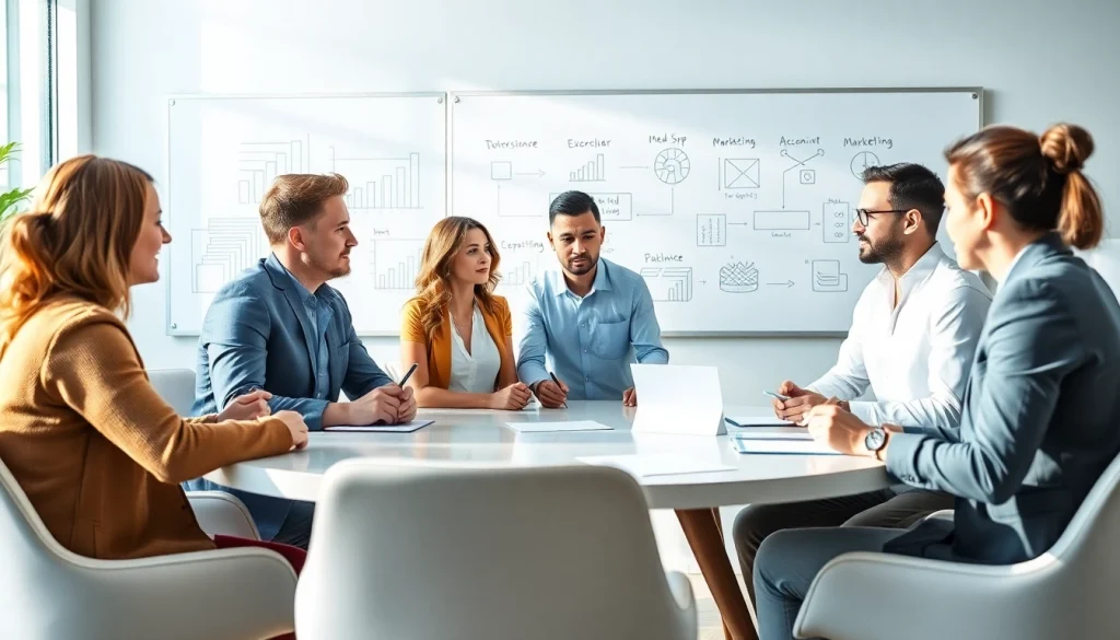 Engaged medspa marketing team in a professional setting discussing strategies.