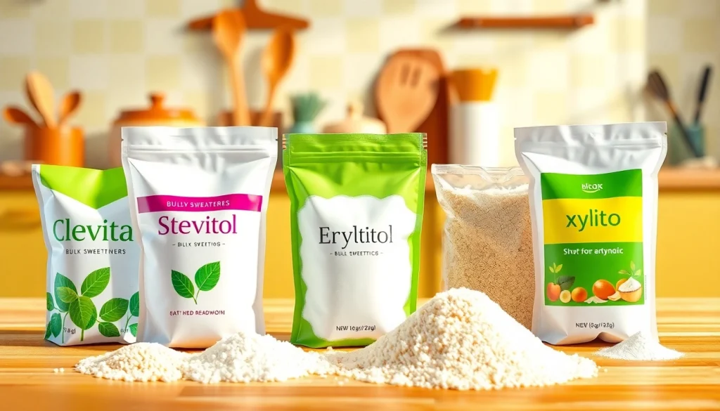 Showcasing various bulk sweeteners like stevia and erythritol for healthier alternatives.