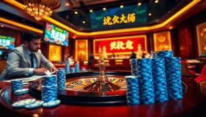 A vibrant casino scene showcasing a roulette table with chips and cards, highlighting 상품권신용카드 activities.