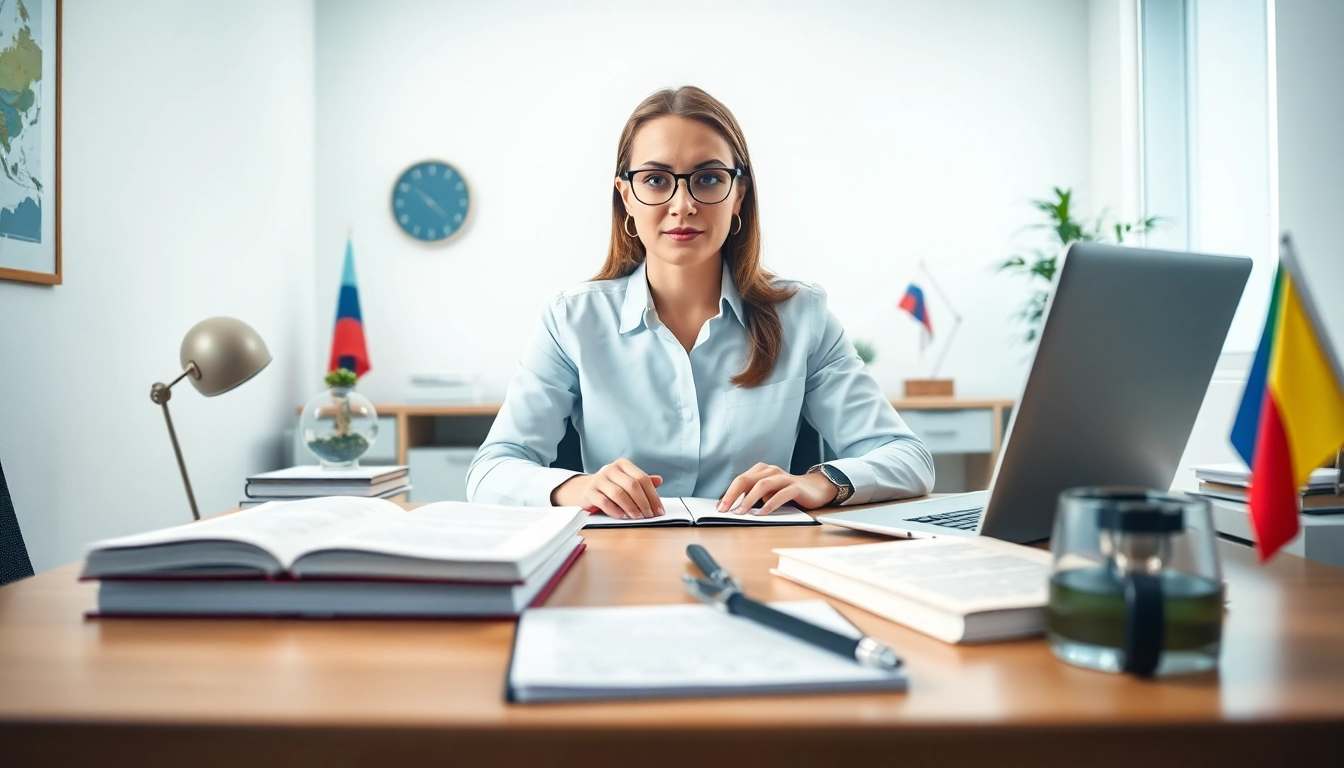 Traducteur russe assermenté travaillant de manière professionnelle dans un bureau organisé.