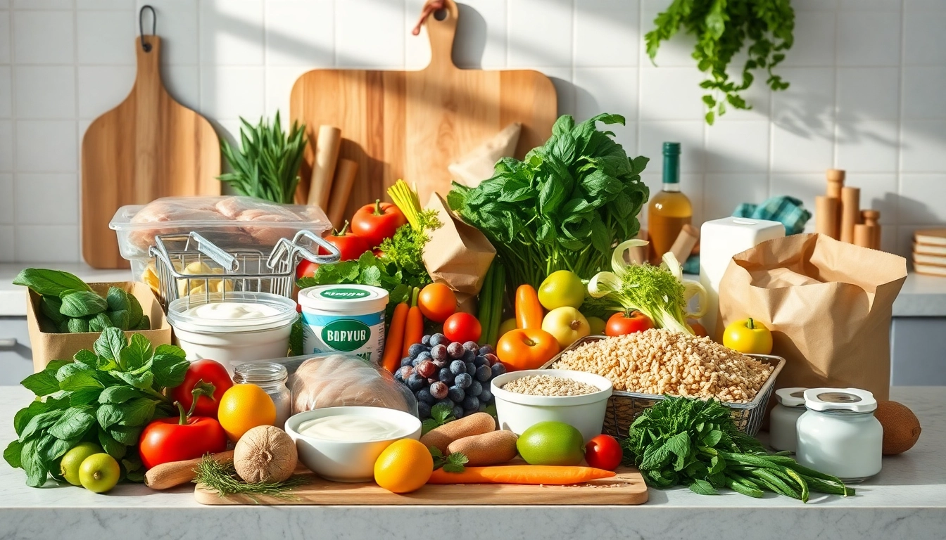 Fast shopping guide showcasing an array of fresh groceries including greens, proteins, and dairy on a kitchen countertop.