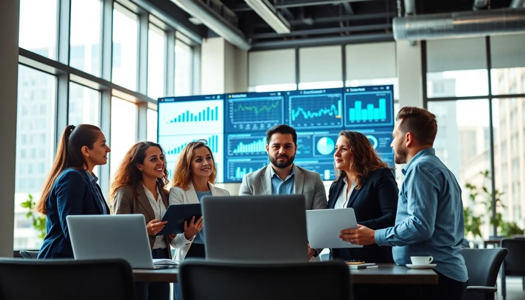 Engaging team collaborating on competitive intelligence analysis in a bright office.