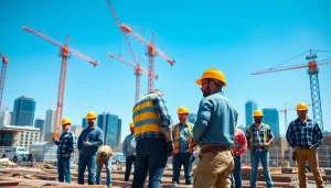 Highlighting the Southern California contractors association, a diverse construction team collaborates at a bustling job site.