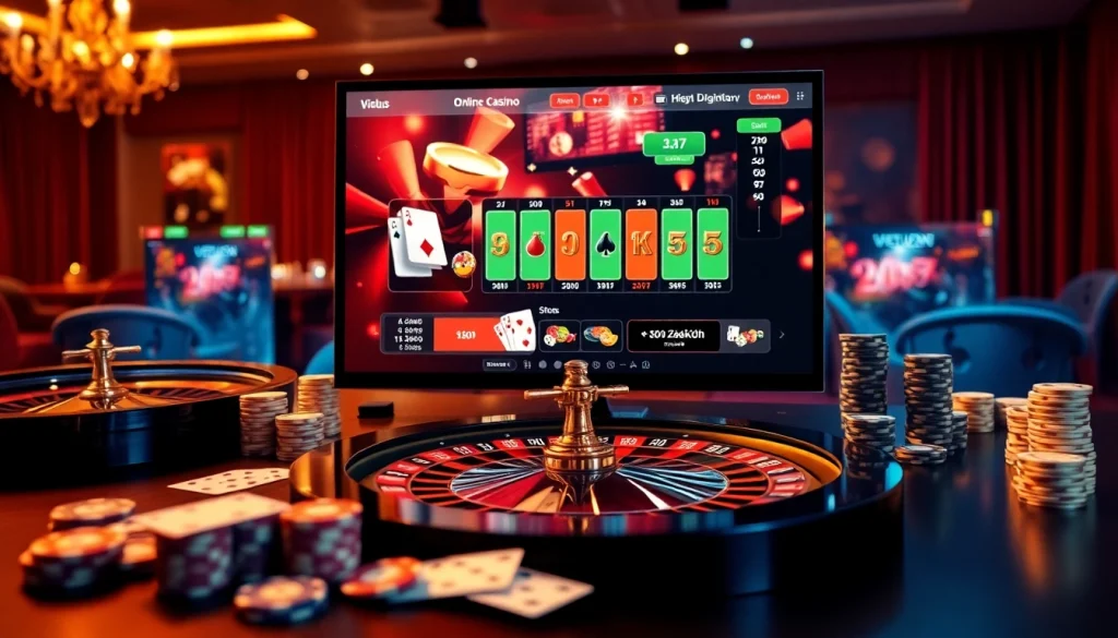 Engaging online gambling scene showcasing ga 6789 with poker chips and a roulette wheel.