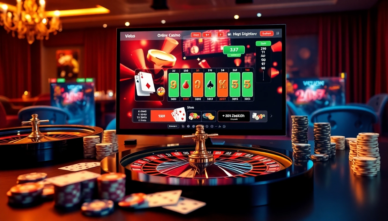 Engaging online gambling scene showcasing ga 6789 with poker chips and a roulette wheel.
