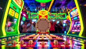 Permainan plinko yang menegangkan dengan chip dalam permainan di atas papan pegs.