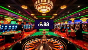Players enjoying excitement at ev88.claims with glamorous casino tables and colorful chips.