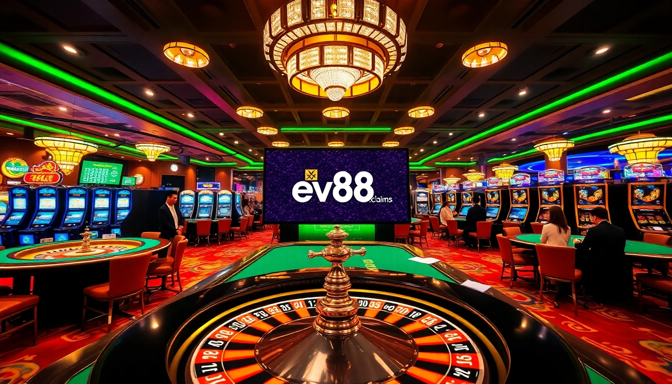 Players enjoying excitement at ev88.claims with glamorous casino tables and colorful chips.