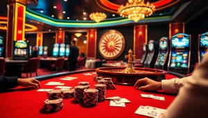 Players enjoying an exciting game of poker at 12bet casino, showcasing vibrant chips and tables.