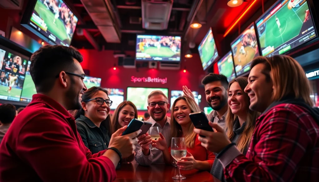 Friends enjoying sports betting apps Georgia in a lively sports bar environment filled with excitement.