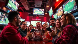 Friends enjoying sports betting apps Georgia in a lively sports bar environment filled with excitement.