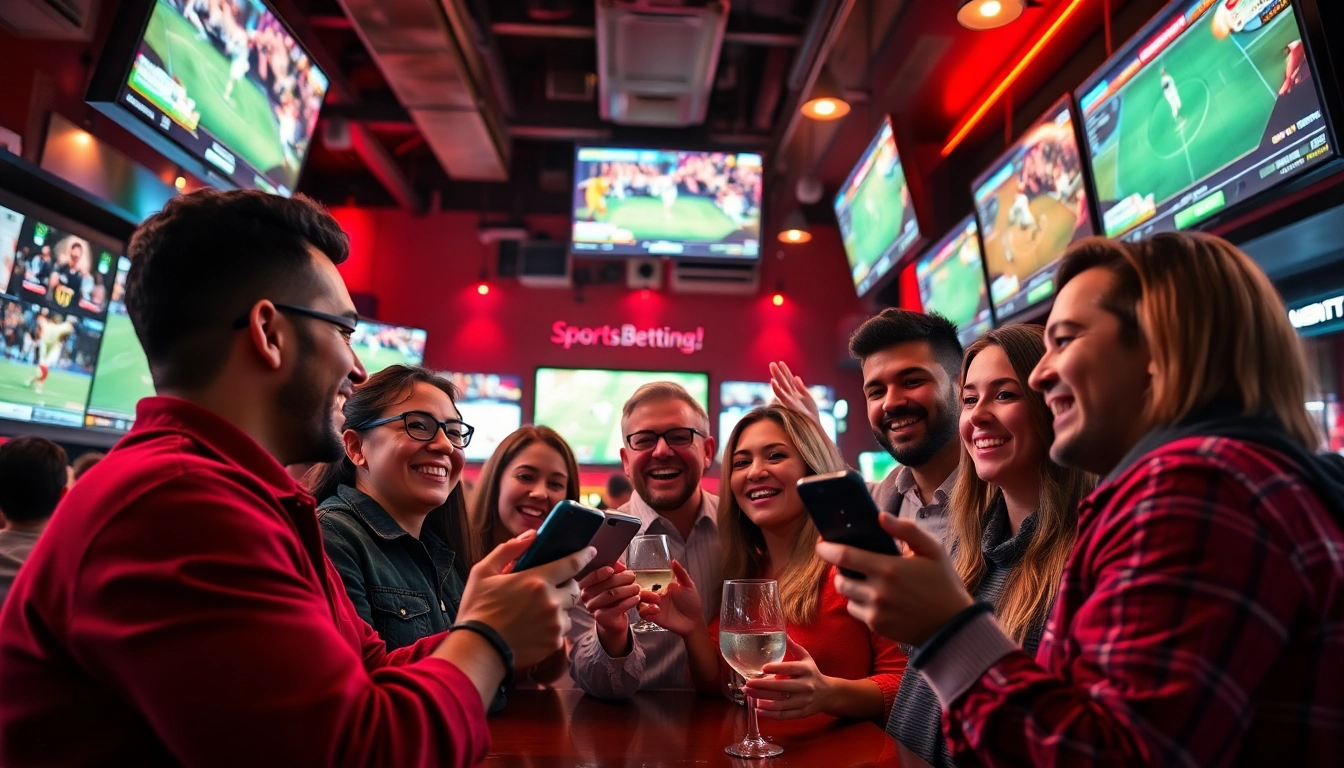 Friends enjoying sports betting apps Georgia in a lively sports bar environment filled with excitement.