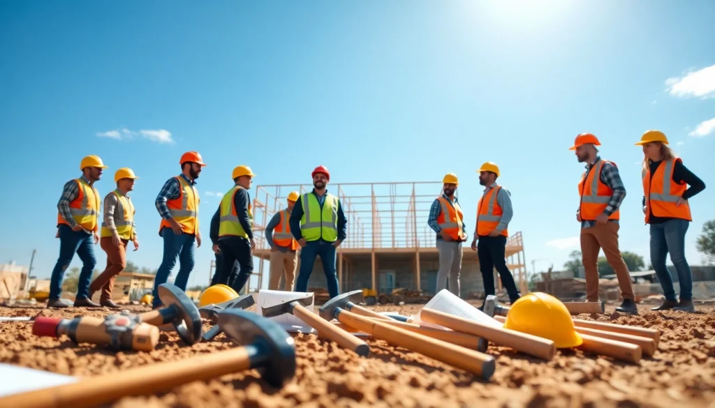 Austin construction team collaborating on a building project at a bustling construction site.