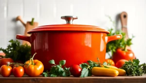 Prepare delicious meals with a stylish Le Creuset NZ Dutch oven on a rustic wooden countertop.