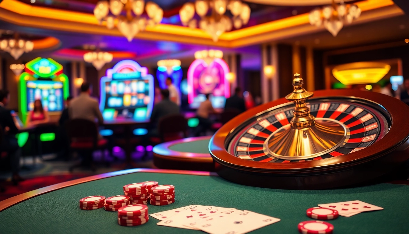 Experience the thrill of the okwin game with a luxurious casino setup featuring poker chips and vibrant slot machines.