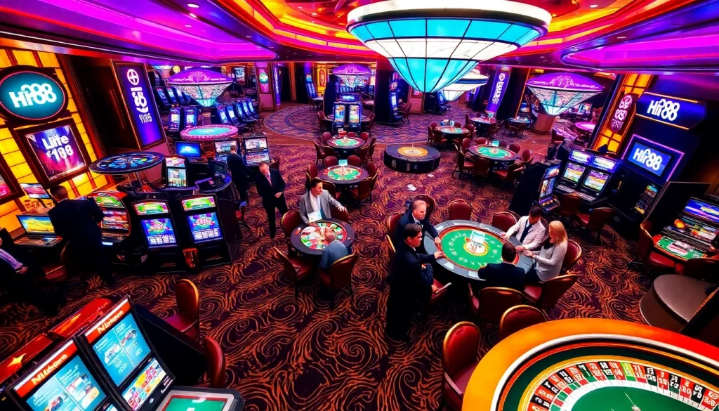 Hi88 players enjoying an engaging casino experience with vibrant slot machines and casino tables.