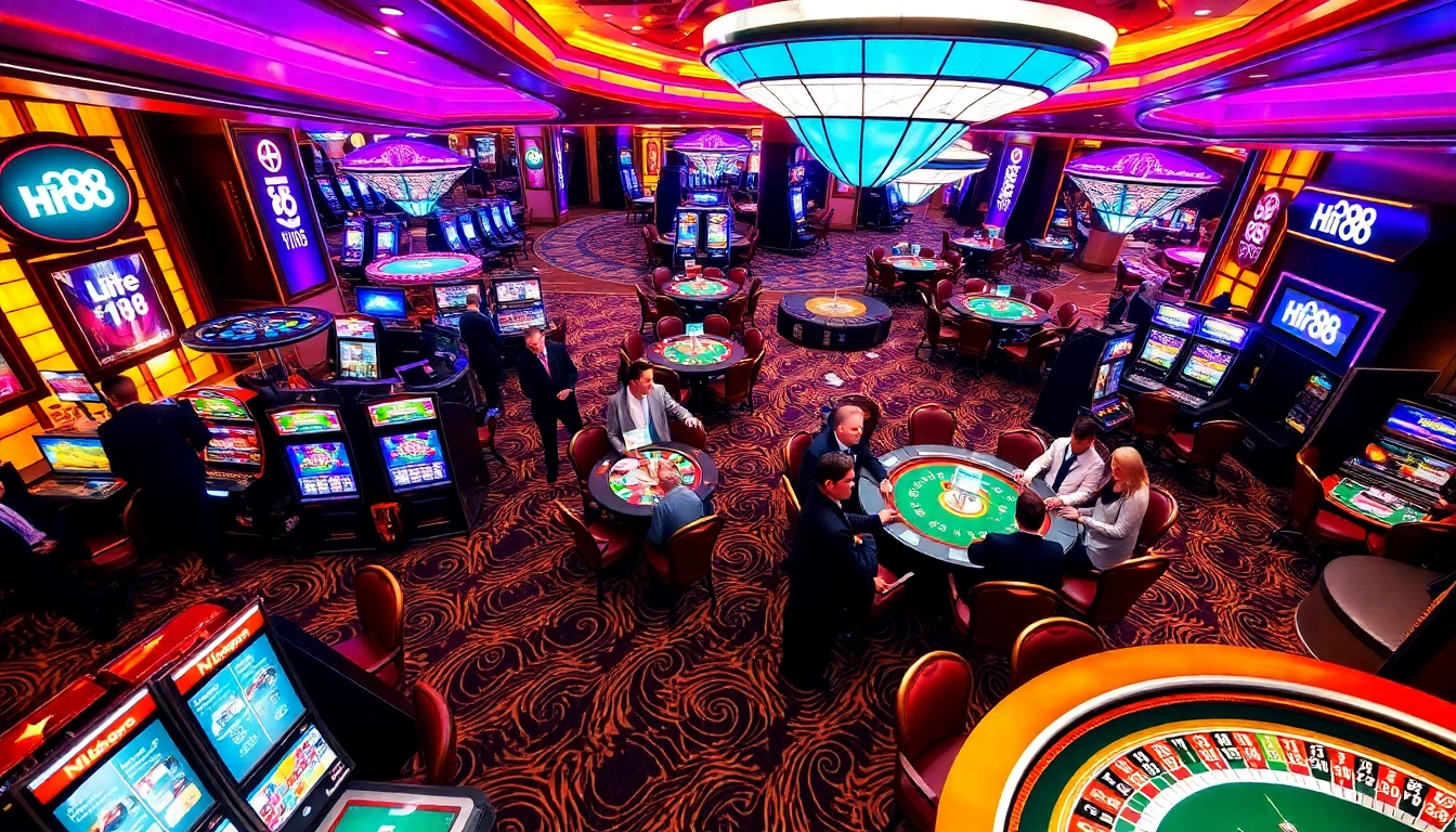 Hi88 players enjoying an engaging casino experience with vibrant slot machines and casino tables.