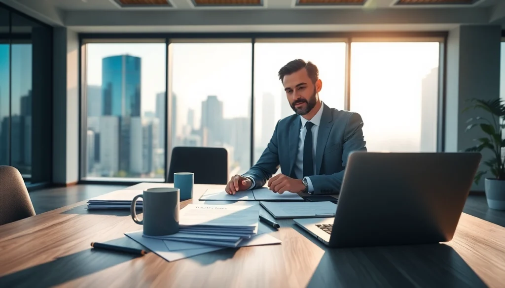 Engaged real estate lawyer consulting with a client in a bright office environment.