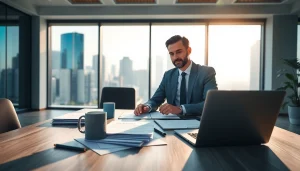 Engaged real estate lawyer consulting with a client in a bright office environment.