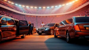 World Cup Group Transportation with luxury limousines awaiting excited fans outside a stadium.