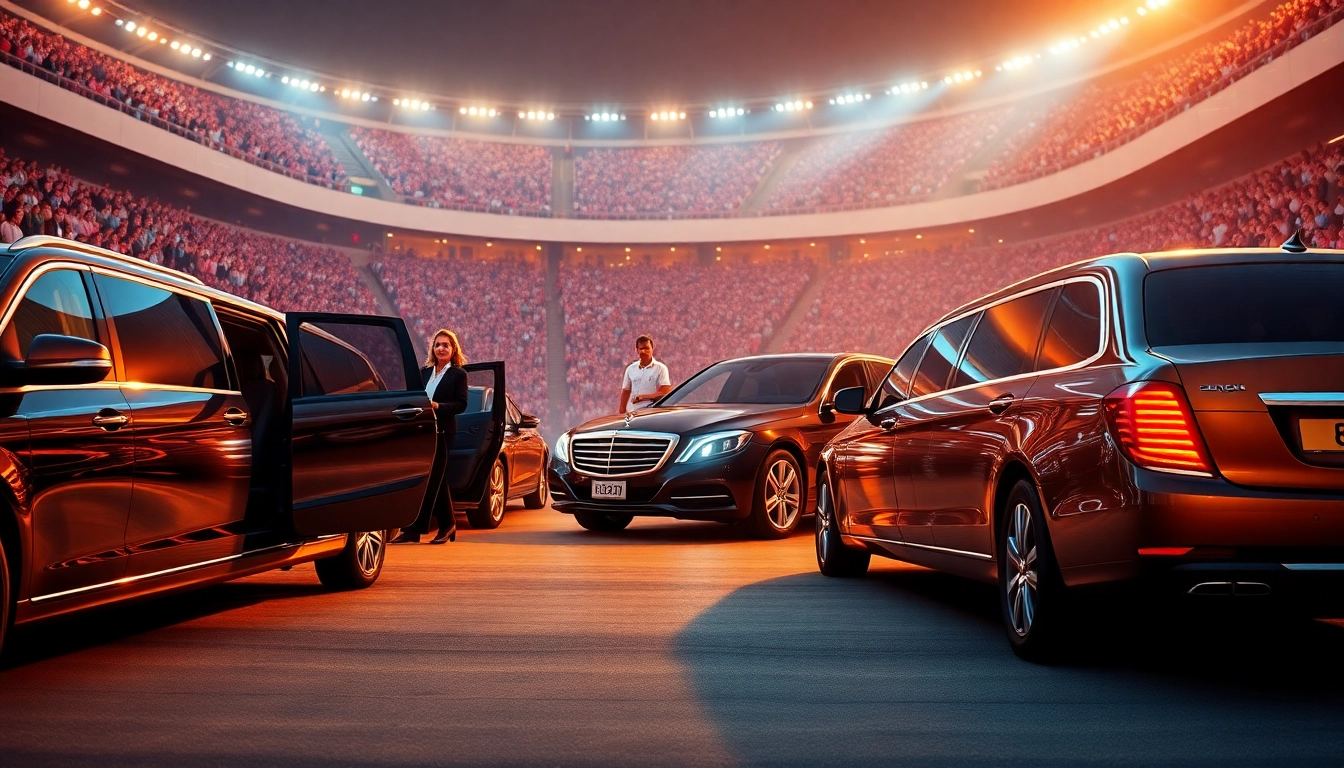 World Cup Group Transportation with luxury limousines awaiting excited fans outside a stadium.