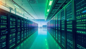 A vibrant cloud mining site with advanced AI technology and renewable energy sources.