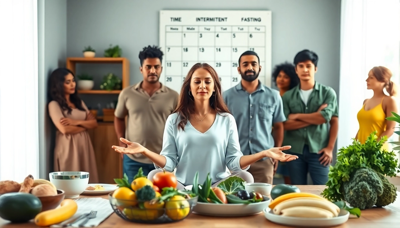 Practicing intermittent fasting with a diverse group meditating in a health-focused setting.