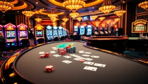 Experience the thrill of gambling at https://xx88.vin/, featuring an elegant blackjack table and vibrant slot machines.