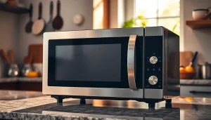 Microwave oven in a modern kitchen setting with stainless steel finish and natural sunlight.