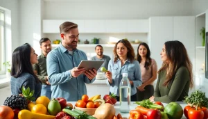 Nutritionist explaining intermittent fasting concepts with a diverse audience in a modern kitchen.