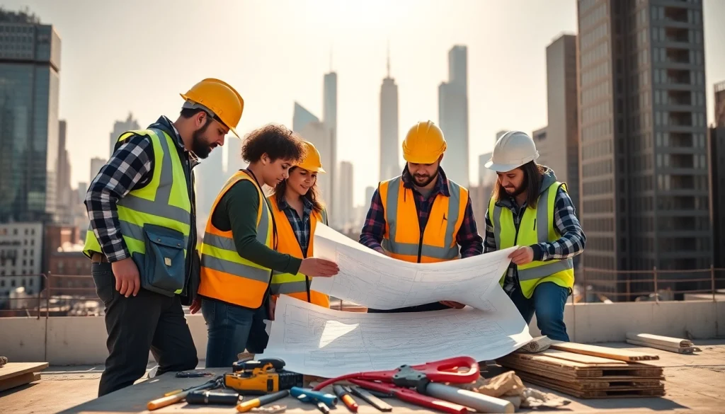 New York Commercial General Contractor supervising a diverse construction team on-site with blueprints.