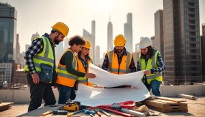 New York Commercial General Contractor supervising a diverse construction team on-site with blueprints.