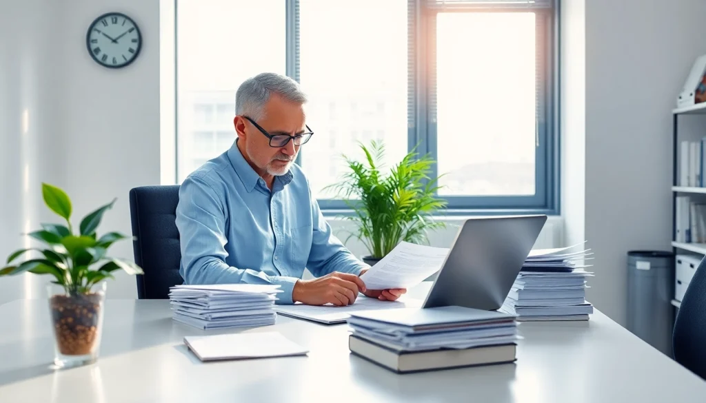 Tłumaczenie przysięgłe in a modern office with a professional translator reviewing documents.