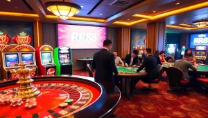 RR88 players enjoy an exciting casino experience at roulette and poker tables.