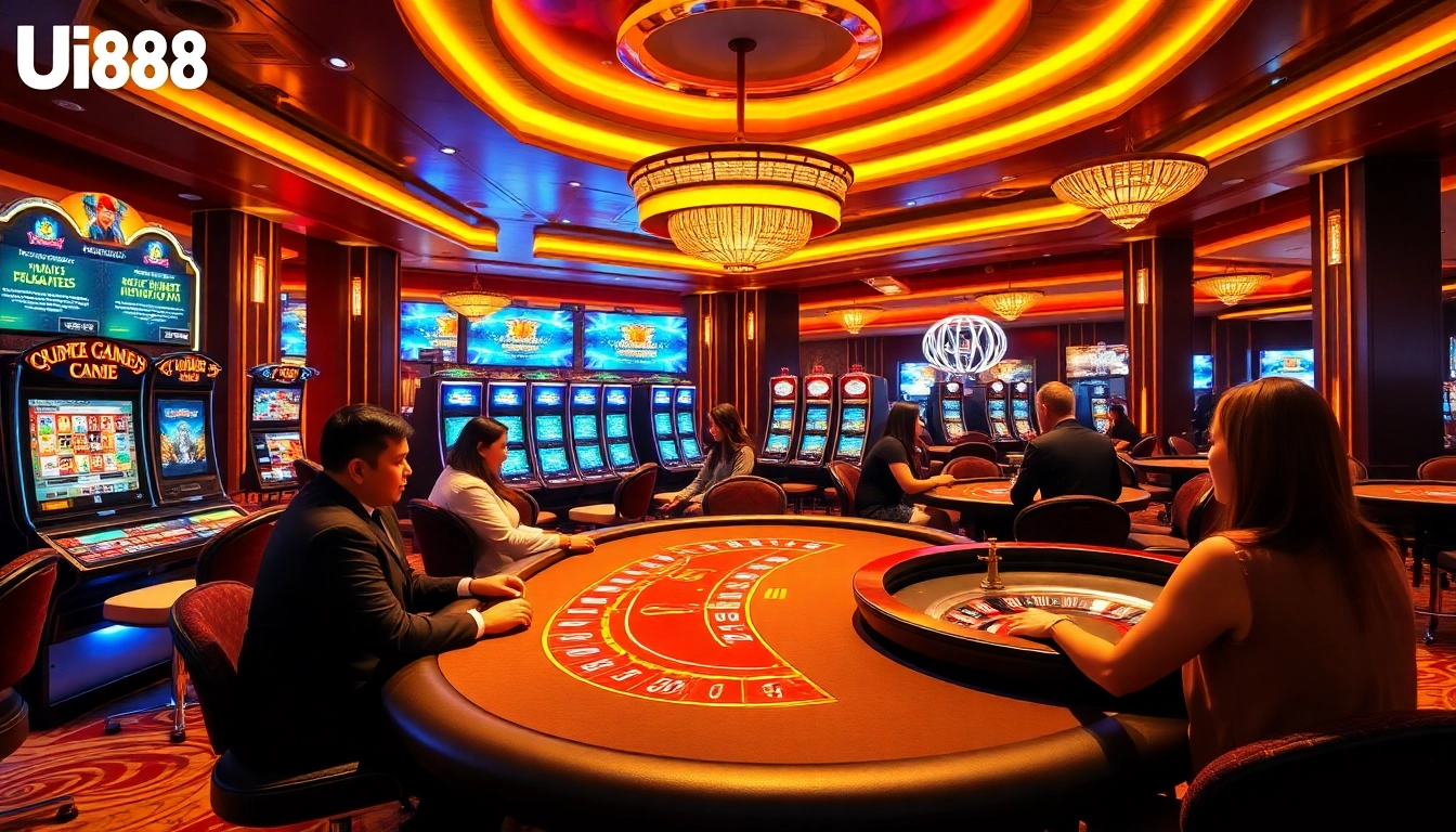 Exciting players at UU88 poker table with vibrant slot machines in luxurious casino.