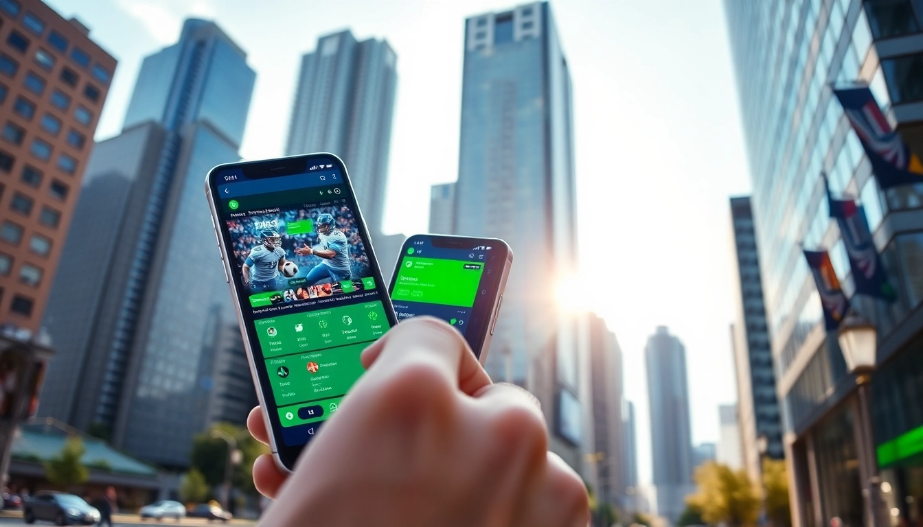 Engaging user interface on sports betting apps British Columbia displayed on a smartphone in an urban setting.