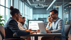 Contact data verification professionals collaborating in a modern office setting.