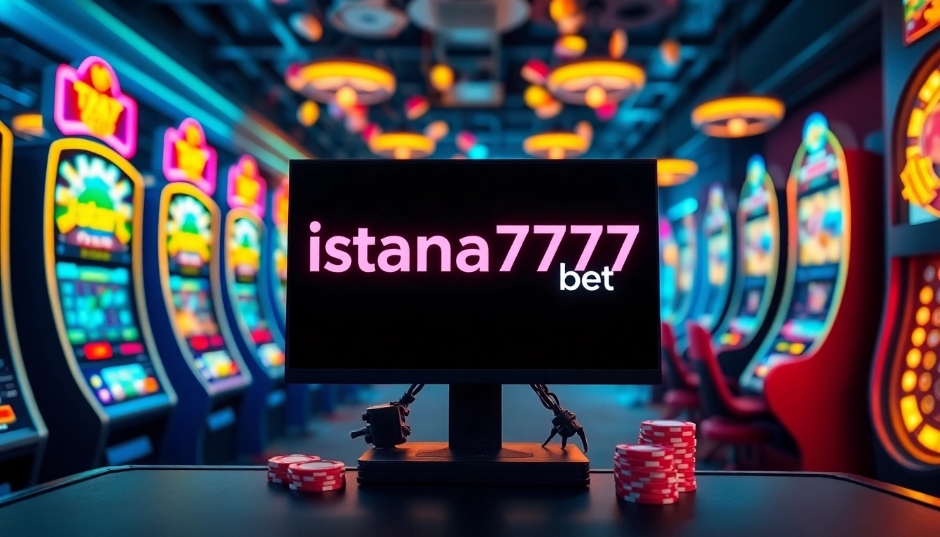Gambarkan antarmuka permainan istana777 bet dengan mesin slot dan kartu poker yang dinamis.
