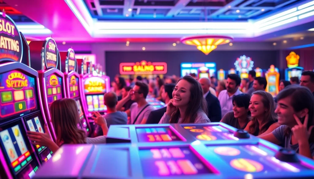 Slot pulsa game machines in a lively casino atmosphere with players engaged.