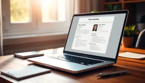 Create stunning resumes using the Resume Builder on a stylish laptop in a cozy workspace.