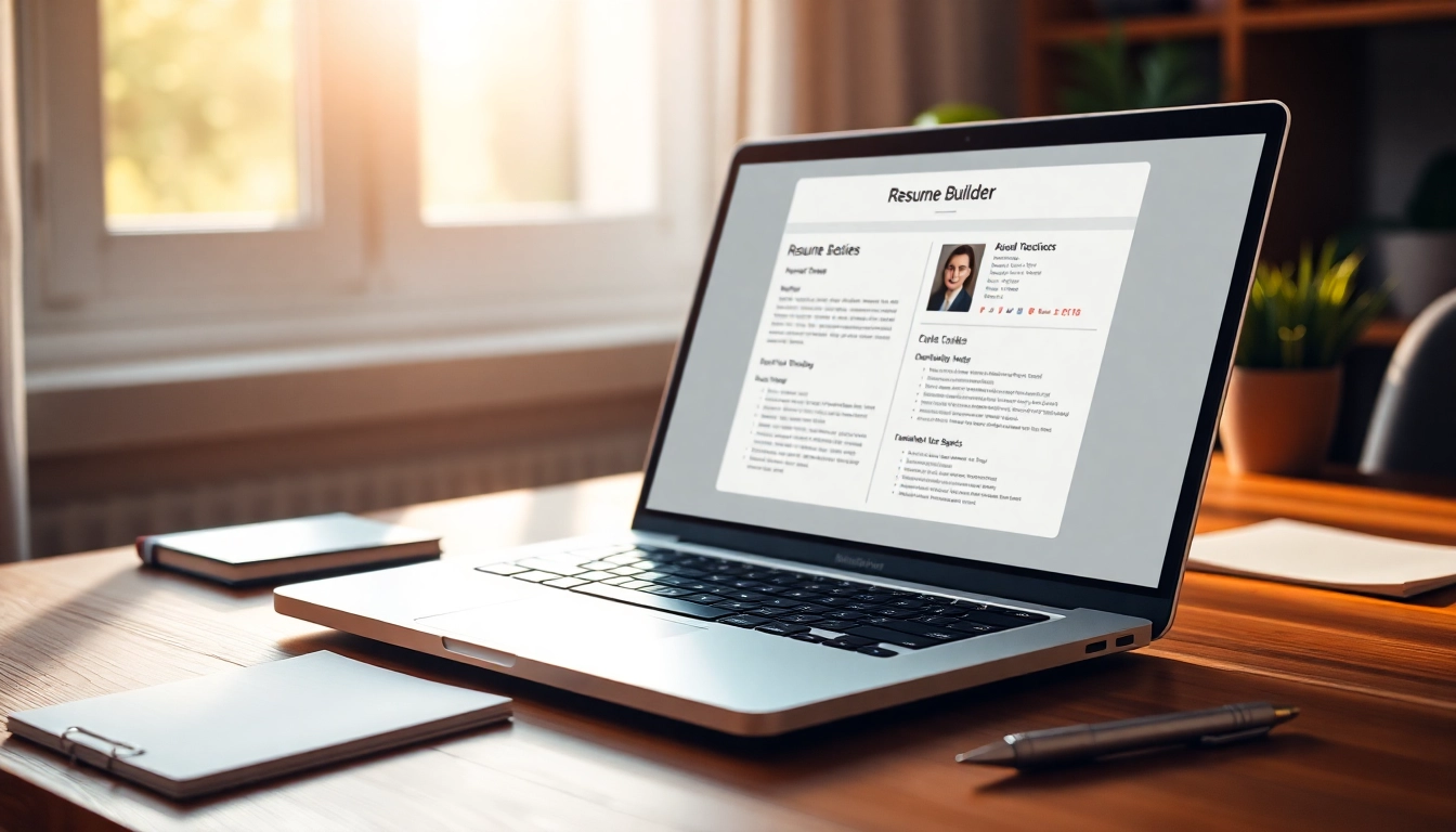 Create stunning resumes using the Resume Builder on a stylish laptop in a cozy workspace.
