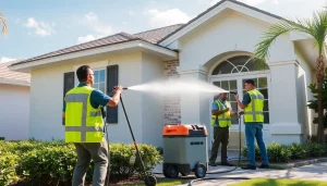 Soft wash team expertly cleaning a home in Kissimmee, Florida, showcasing eco-friendly pressure washing techniques.