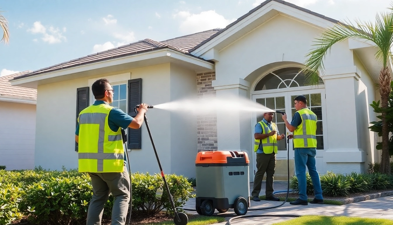 Soft wash team expertly cleaning a home in Kissimmee, Florida, showcasing eco-friendly pressure washing techniques.
