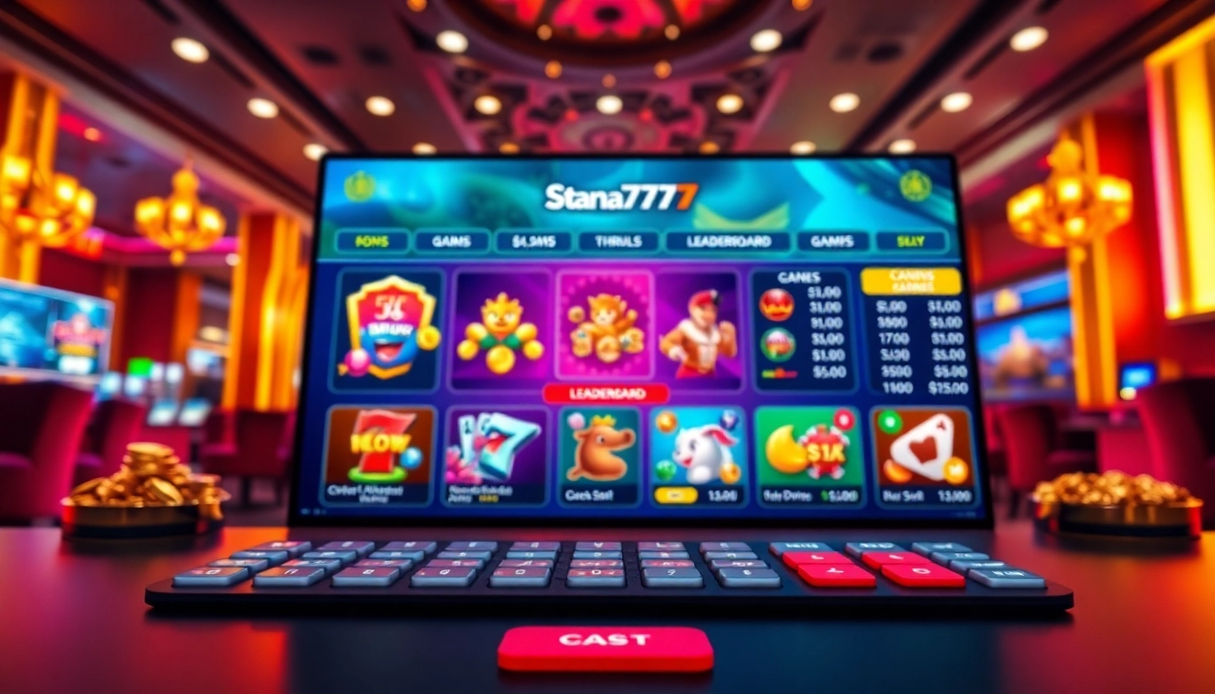 Menampilkan antarmuka digital Istana777 Situs yang menarik dan penuh warna dengan suasana kasino yang hidup.