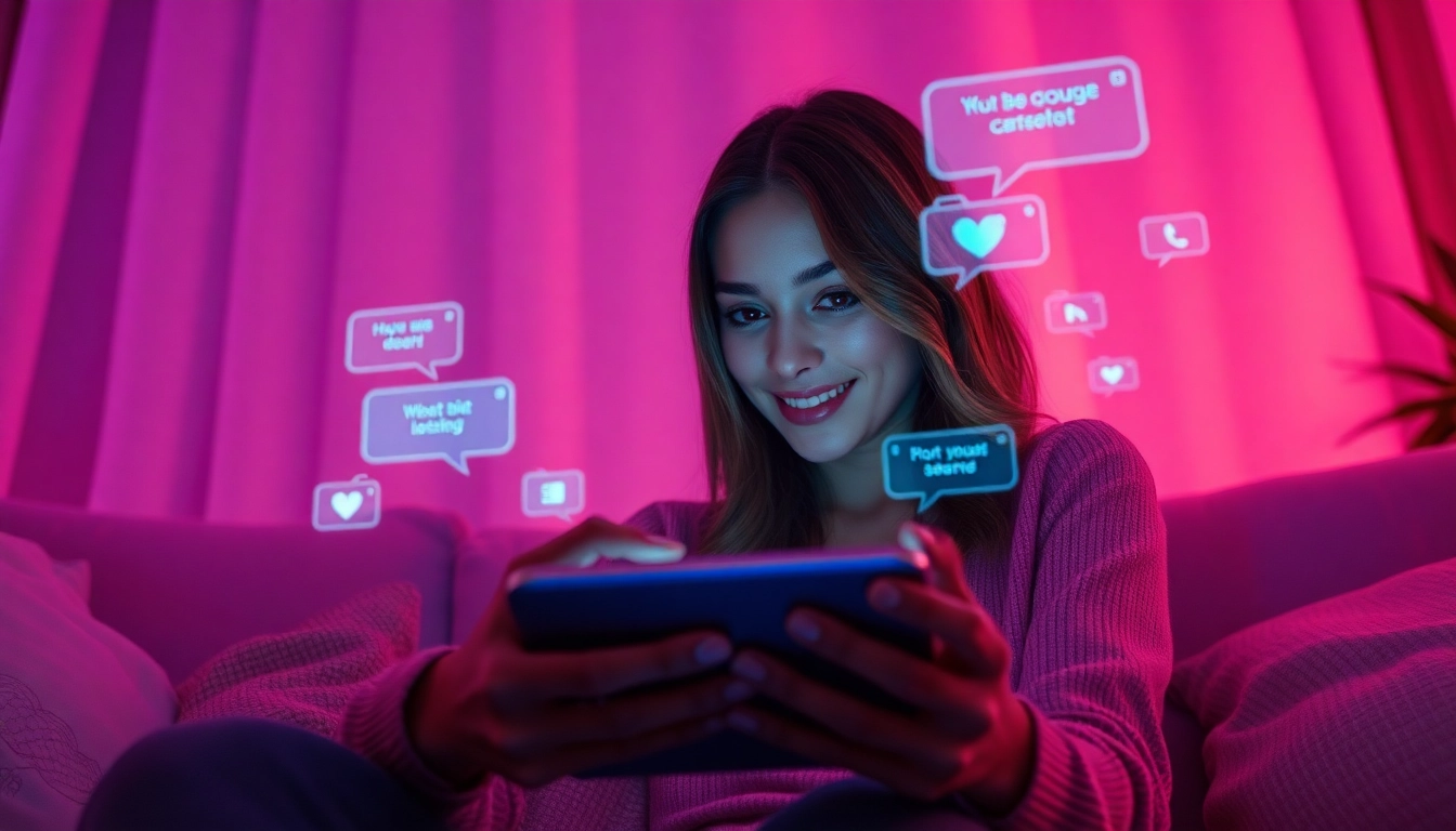 Engaging in ai sexting with a futuristic AI interface, surrounded by romantic lighting and digital elements.