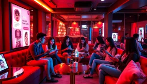 Engaging scene of young adults enjoying AI sexting in a cozy virtual café setting.